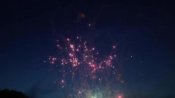 Nighttime sky illuminating with brilliant pyrotechnic bursts, radiating vivid colors during festive celebration and dramatic explosive display. video