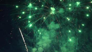 Vibrant, colorful fireworks bursting across dark night sky, illuminating festive scene with brilliant sparks and explosive energy during holiday celebration. video