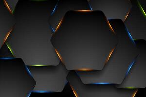 Black hexagons with colorful glowing lights abstract background vector