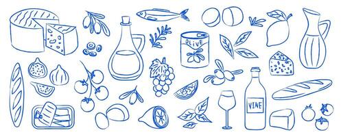 Set of Italian dishes in Mediterranean blue style. Lemon, tomatoes, olives, cheese, sardines, wine, basil. Dolce vita aesthetics. illustration. vector