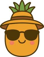 A cute cartoon glass of pineapple juice with a slice of pineapple and smiling face. Sweet, colorful, charming, and flat-style summer drink with a transparent background vector