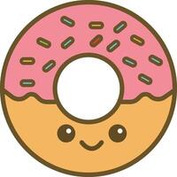 A cute cartoon donut with frosting, sprinkles, and a smiling face. Sweet, colorful, flat, and charming food icon with a transparent background vector