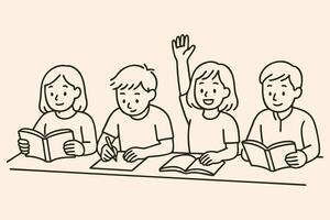 Hand drawn doodle of students and teacher in classroom doing activities like reading, writing, and raising hands vector
