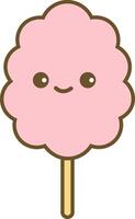 Fluffy cartoon cotton candy on a stick with a cute smiling face. Sweet, charming, colorful, and flat-style food icon with a transparent background vector