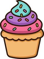 Cute cartoon cupcake with sprinkles, colorful frosting, and a smiling face. Sweet flat style, perfect for summer treats. Transparent background vector