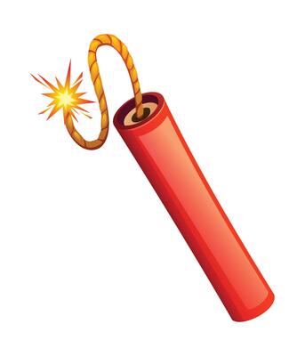 Stick of dynamite with a lit fuse, indicating imminent explosion. Cartoon illustration