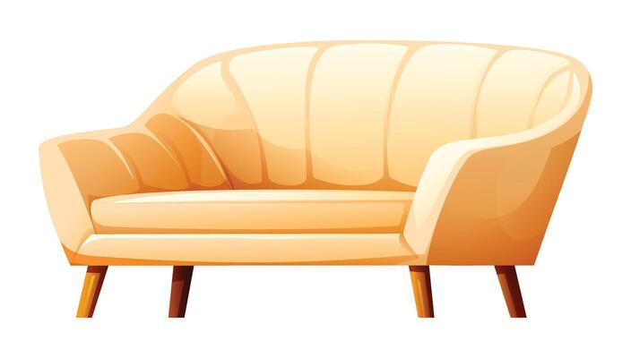 Elegant beige curved sofa with wooden legs, ideal for a luxurious and stylish living space. Cartoon illustration