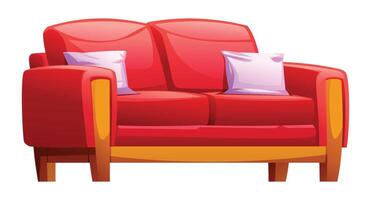 Red loveseat with two purple throw pillows and wooden arm details, adding a pop of color. Cartoon illustration vector