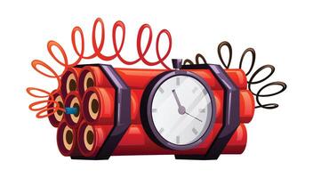 Bundle of dynamite with a ticking clock attached, signifying a time bomb. Cartoon illustration vector