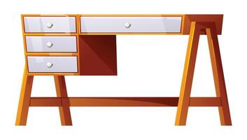Wooden desk with multiple white drawers, an office or study table isolated on a white background. Cartoon illustration vector