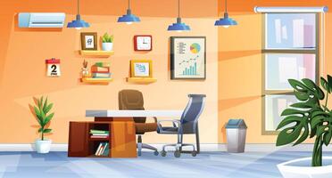 Bright and inviting office interior with a desk, chairs, and various decorative elements on the walls. Cartoon illustration vector