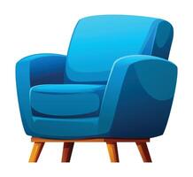 Plush blue armchair with a sturdy wooden base, offering a comfortable and inviting seating option. Cartoon illustration vector