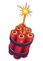 Bundle of red dynamite sticks with a lit fuse sparking brightly, ready to explode. Cartoon illustration vector