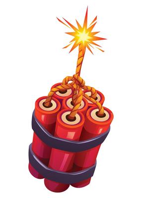 Bundle of red dynamite sticks with a lit fuse sparking brightly, ready to explode. Cartoon illustration