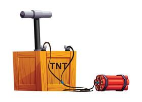 Dynamite plunger box connected by wires to a bundle of red dynamite sticks. Cartoon illustration vector
