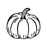 A simple black and white illustration of a pumpkin with a curved stem and ridged surface. The pumpkin is round and has a classic shape, suitable for autumn themes. vector