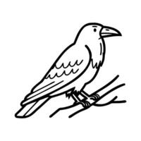 A black raven perched on a branch. The bird has a sharp beak and detailed feathers, showcasing its distinctive features. It is a common symbol in various cultures. vector