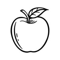 A simple black and white illustration of an apple with a leaf. The apple is round and smooth, showcasing its natural shape and features. vector