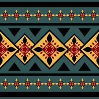Delight Festive Geometric Brightly in The Dark Pattern. Traditional Tribal Delicate Handicraft Square Triangle Diamond Combine with Yellow Black Red on Deep Green Background Ethnic Elegance Decoration vector