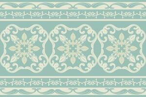 Intricate Elaborate Whimsical Whitework Illustration Border Pattern with Ivory Ornament on Pastel Green Jade Background. Sense of Luxury Botanical Florals Blooming Tiles Texture Carpet Fabrics Apparel vector