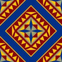 Seamless Origin of Tribal Motif Geometric Style. Delicate Triangle Pattern with Red Gold Yellow on Royal Blue Background. Strong Powerful Ethnic Repeat Detailed for Mattress Bedding Wallpaper Homespun vector