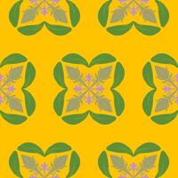 Whimsical Florals Leaves Garland Elaborate Scroll Ornament with Green and Purple on Bright Mellow Yellow Background. Splashy Summer Baroque Lemonade Monogram Botany Style for Wallpaper Fabrics Textile vector
