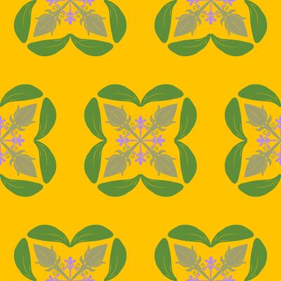 Whimsical Florals Leaves Garland Elaborate Scroll Ornament with Green and Purple on Bright Mellow Yellow Background. Splashy Summer Baroque Lemonade Monogram Botany Style for Wallpaper Fabrics Textile