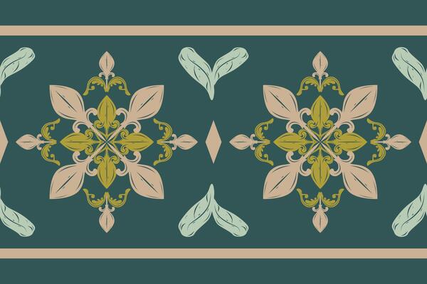 Medieval Elegance Border Pattern with Luxury Scroll Ornament Damask Ikat Style. Natural Pink Green Clay Shades on Deep Emerald Background for Beautiful Rich Wealth Decoration Embroidery Clothes Silk