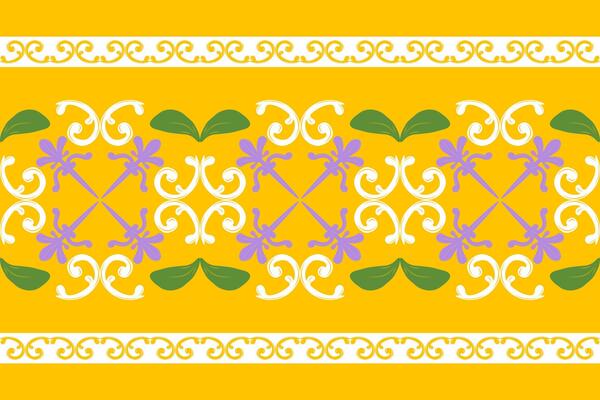 Oriental Freshness Brightly Blooming Grand Botany Style with Filigree Scroll Ornament. Royal Silk Weaves Purple Green Whitework Border Pattern on Mellow Yellow Background for Costume Decoration Scarf