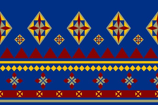 Traditional African Motif Geometric Folklore Style Pattern Border with Elaborate Design Ornament Red Yellow On Royal Blue Background. Chevron Ethnic Tribal Origin Striped Textiles Bedding Fabric Dress