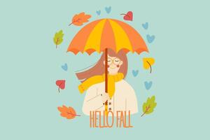 Hello Fall background. Cute girl with umbrella in autumn. character illustration vector