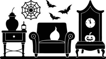 Spooky Halloween room interior illustration featuring eerie decorations vector