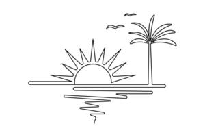 Clean minimalist art of sunset with horizon and sun in abstract one line drawing style vector