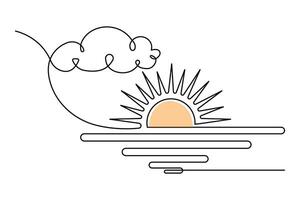 Minimal sunset one line drawing with abstract sun horizon and clean outline style on white background vector