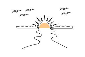 Sunset horizon drawing minimal style in one line continuous format with clean abstract outline vector