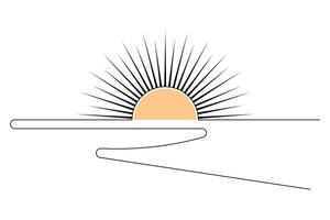 Black and white sunset one line art in minimalist style with modern simple outline on white vector