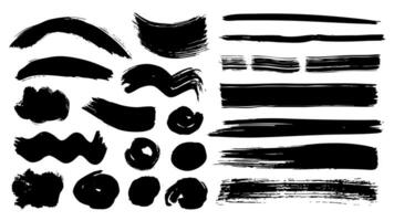 Black paint brush strokes set. Collection of paintbrush smears of long straight rectangles, curves, waves and round shapes. Rough stamps and spots with ink splatters texture. illustration. vector
