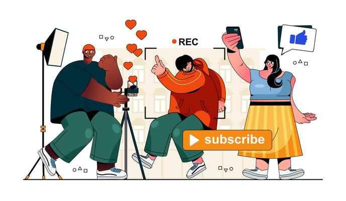blogging concept for modern web design. People work in team and recording content, blogger making live streaming for followers from phone. Flat illustration isolated on white background.