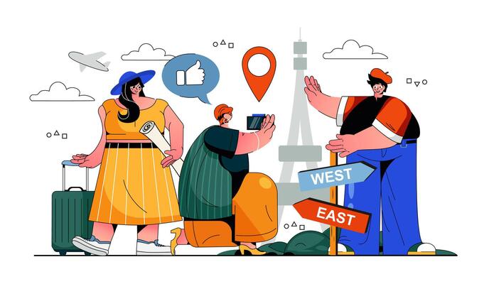 Traveling concept for modern web design. People with luggage go to vacations, flight in Europe tours, exploring new city and taking photos. Flat illustration isolated on white background.