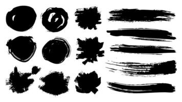 Black paint brush strokes set. Collection of paintbrush smears of round shapes and rectangle stamps with ink splatters texture. Acrylic due blots and marks with scratches edge. illustration. vector