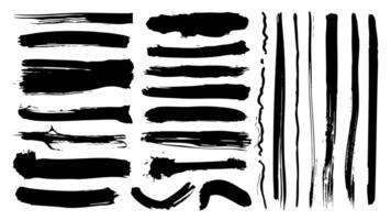 Black paint brush strokes set. Collection of paintbrush smears of dirty rectangle shape stains, scribble lines and stripes. Messy rough frames with dry ink splatters texture. illustration. vector