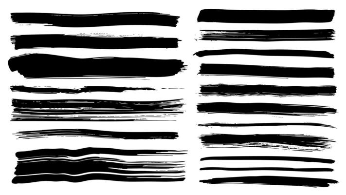 Black paint brush strokes set. Collection of paintbrush smears of dirty straight long rectangle shape stains, scribble lines and marker wide stripes with ink splatters texture. illustration.