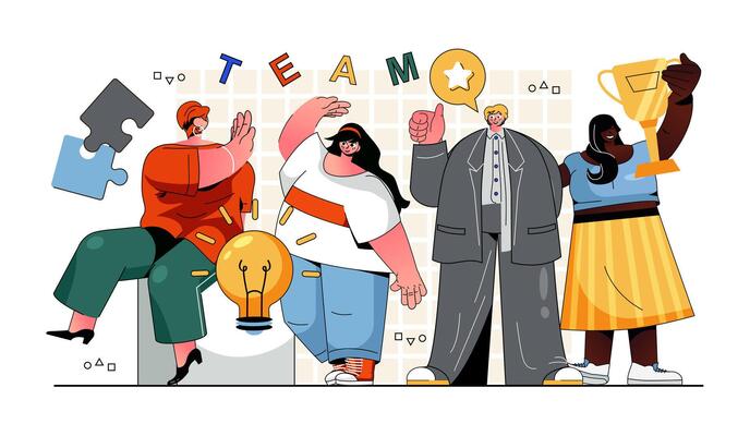Teamwork concept for modern web design. People colleagues collaborate on project, brainstorming new ideas, developing business, winning awards. Flat illustration isolated on white background.