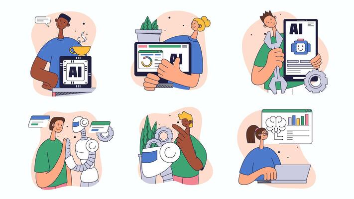 Digital engineering concept set for web design. Collection with people interact with ai technology, machine learning, robotics science, more. Flat illustration isolated on white background.