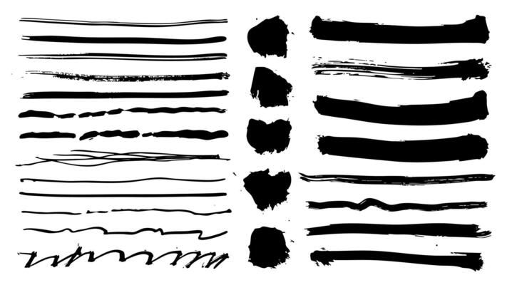 Black paint brush strokes set. Collection of paintbrush smears of scribble lines and long stripes, dirty rectangle shape stains with ink splatters texture. Acrylic rough borders. illustration.