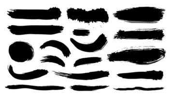 Black paint brush strokes set. Collection of paintbrush smears of rectangle, circle, curve, wave shapes and lines. Rough grainy spots with ink splatters. Stain grunge patterns. illustration. vector