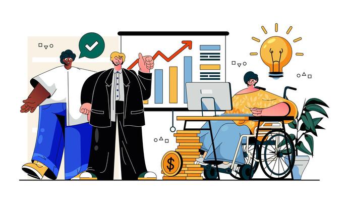 Business decision making concept for modern web design. People searching, planning in office, boss in wheelchair analyzing goals with colleagues. Flat illustration isolated on white background.