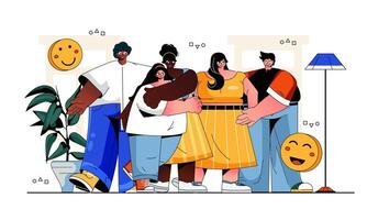 Happy people together concept for modern web design. Multinational friends standing and hugging, multiracial group smiling and supporting. Flat illustration isolated on white background. vector