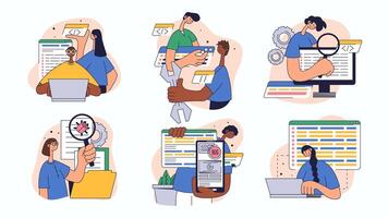 Software testing concept set for web design. Collection with people programming, testing code, searching errors, fixing bugs, reporting, more. Flat illustration isolated on white background. vector
