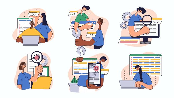 Software testing concept set for web design. Collection with people programming, testing code, searching errors, fixing bugs, reporting, more. Flat illustration isolated on white background.